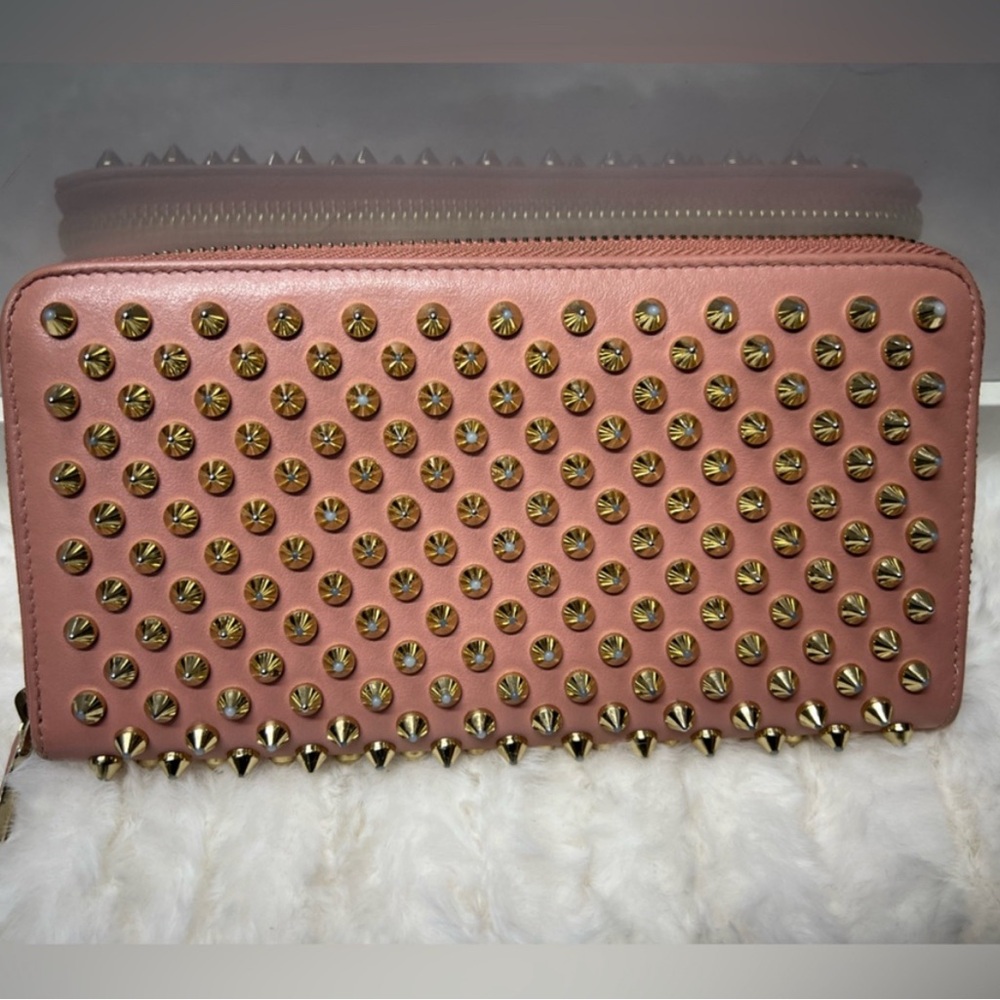 CHRISTIAN LOUBOUTIN Peach Zip Around Panettone Wallet Spike Studs